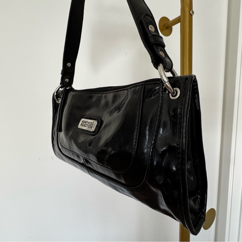 Y2K Vintage Vegan Patent Leather Versatile Slim Bag Black Pouchette Cyber 90s - Picture 4 of 13